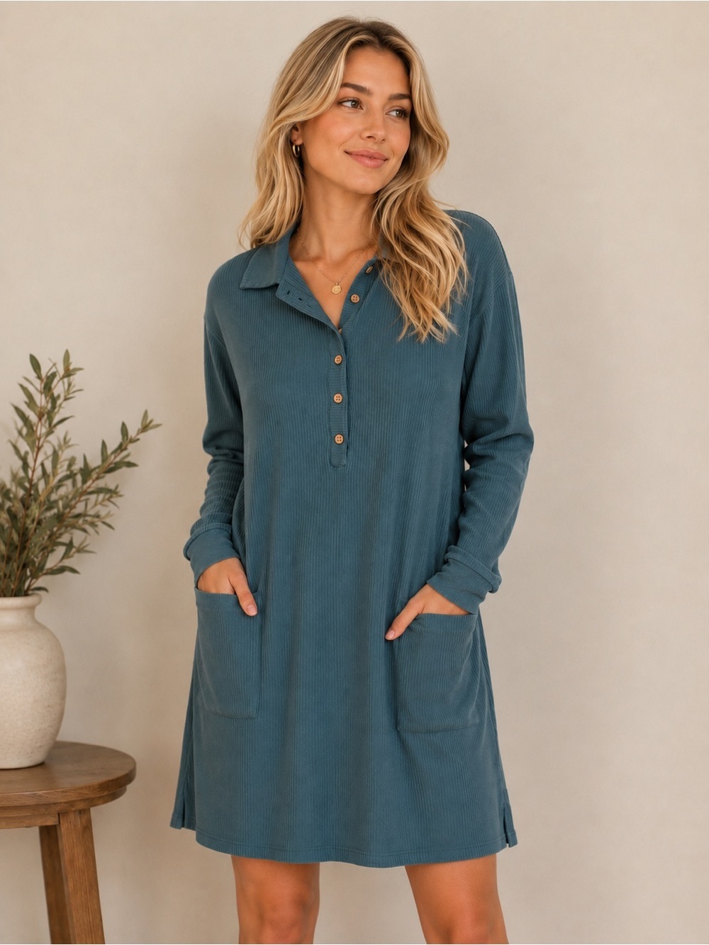 DAVI & DANI Teal Ribbed Long-Sleeve Polo Dress